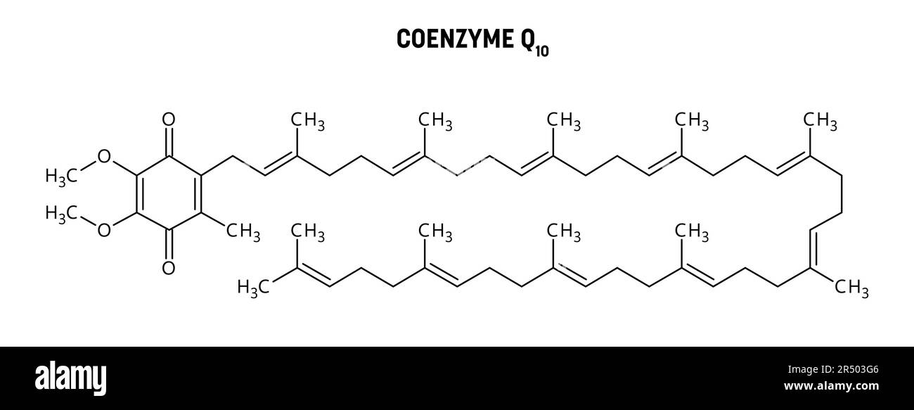 Structure moléculaire de la coenzyme Q10. La coenzyme Q10, ubiquinone ou CoQ10, est un composé organique semblable à une vitamine important pour les maladies cardiovasculaires, cérébrales et dentaires Illustration de Vecteur