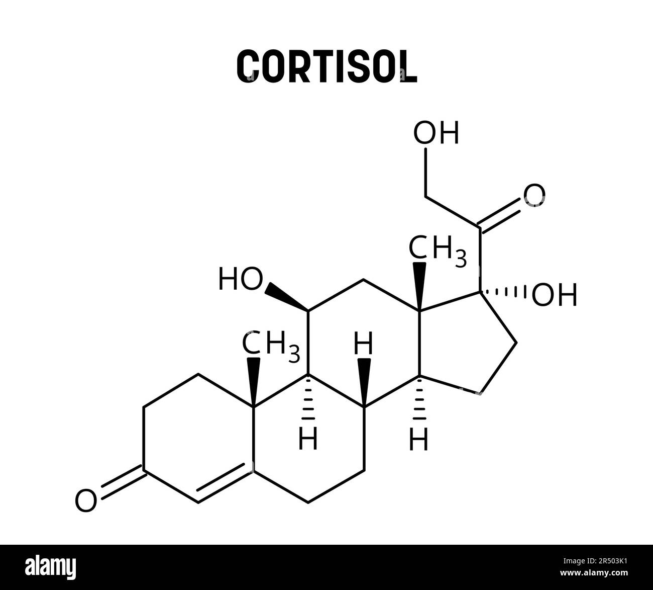 Structure moléculaire du cortisol. Le cortisol est une hormone stéroïde régulant la réponse au stress, le métabolisme, la pression artérielle, le sucre dans le sang et le cycle sommeil-réveil. Illustration de Vecteur