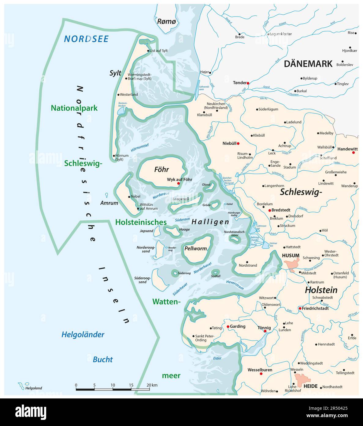 Carte vectorielle du Nordfriesland, Schleswig-Holstein, Allemagne Banque D'Images