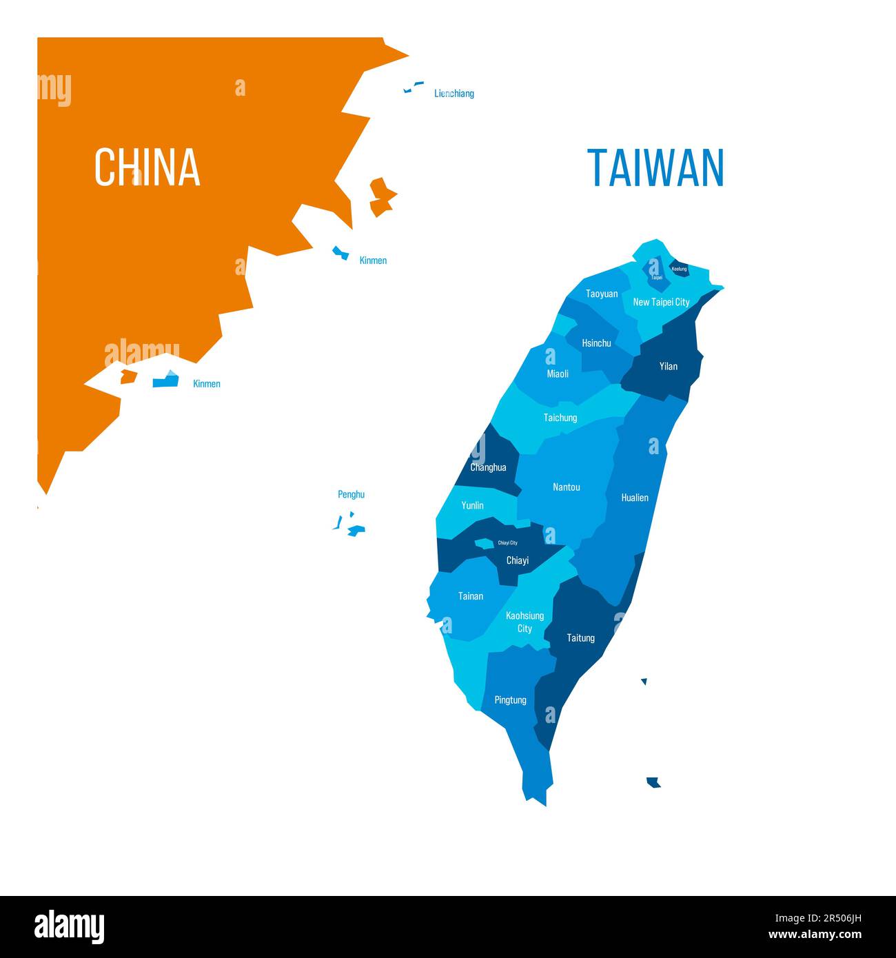 Carte politique de Taïwan et d'une partie de la Chine. Pays avec des divisions administratives de différentes couleurs. Carte vectorielle avec étiquettes. Illustration de Vecteur