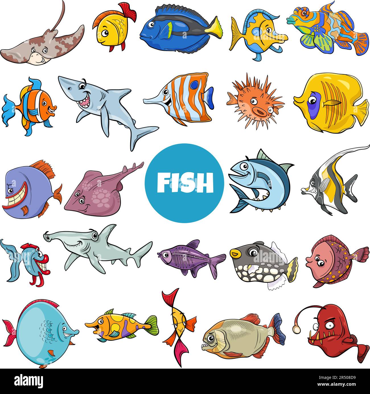 Illustration de dessins animés de poissons animaux marins personnages grand ensemble Illustration de Vecteur