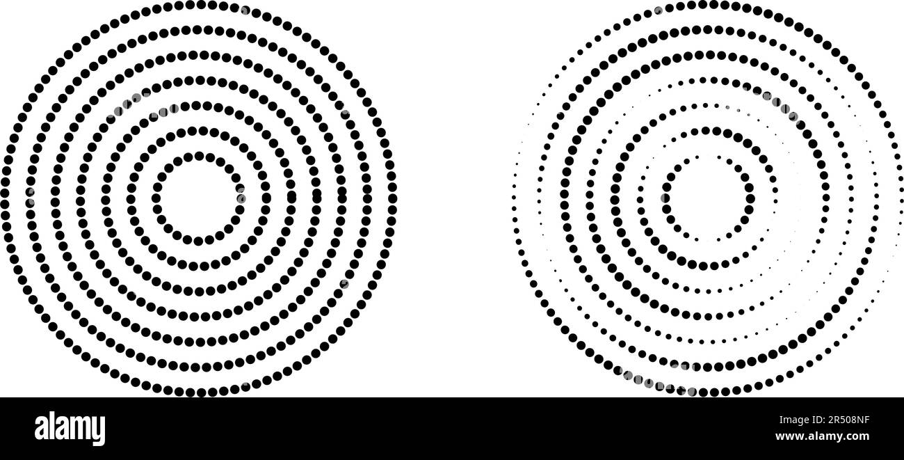 Icônes d'onde circulaire. Cercles concentriques avec lignes pointillées isolées sur fond blanc. Ondulation, vortex, onde sonar, onde sonore, onde solaire, signal Illustration de Vecteur