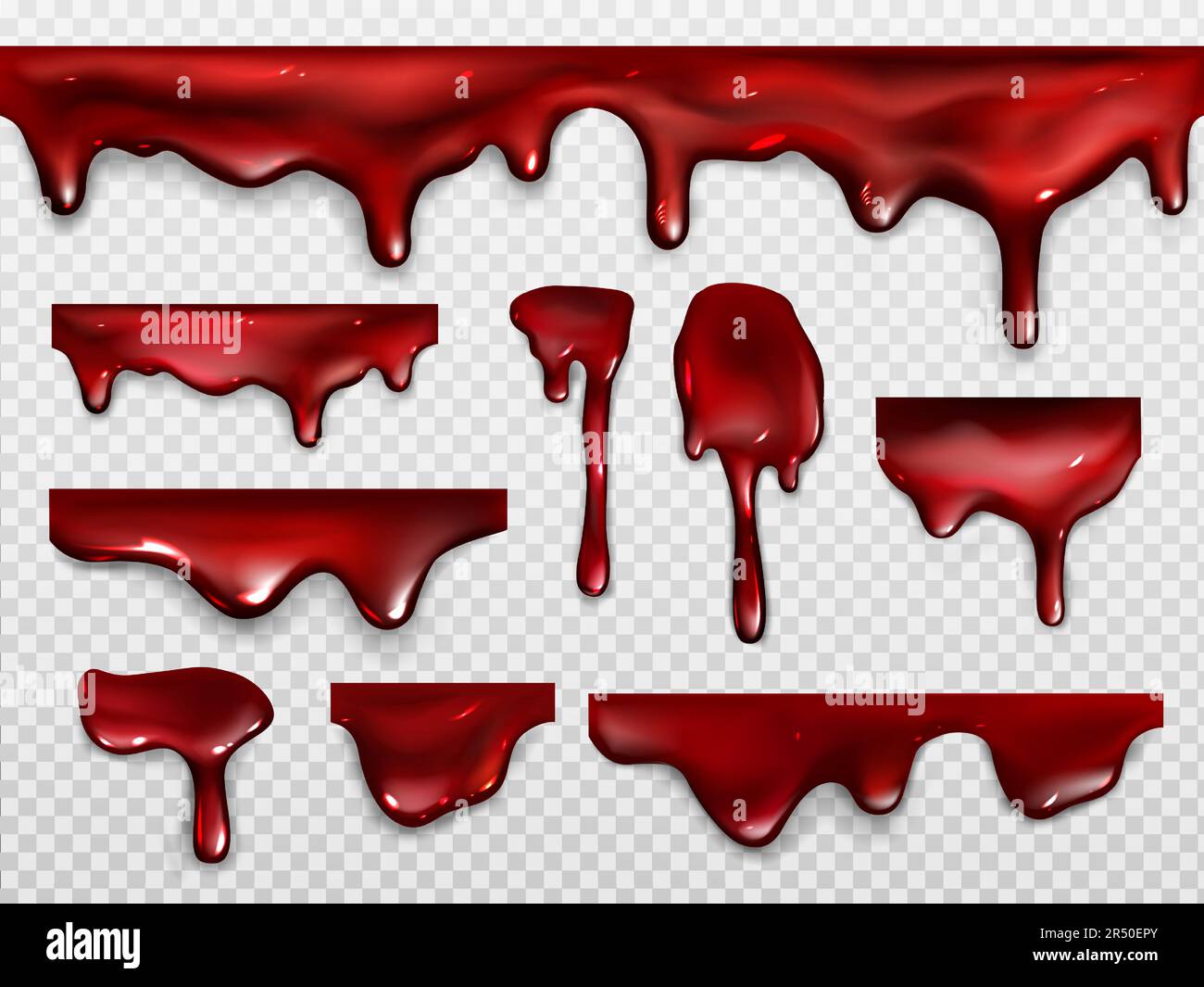 Goutte de sang, de peinture rouge ou de ketchup. Décoration effrayante pour  Halloween ou motif horreur. Vecteur jeu réaliste de gouttes brillantes et  écoulement de minerai liquide, le sirop dribble isolé sur