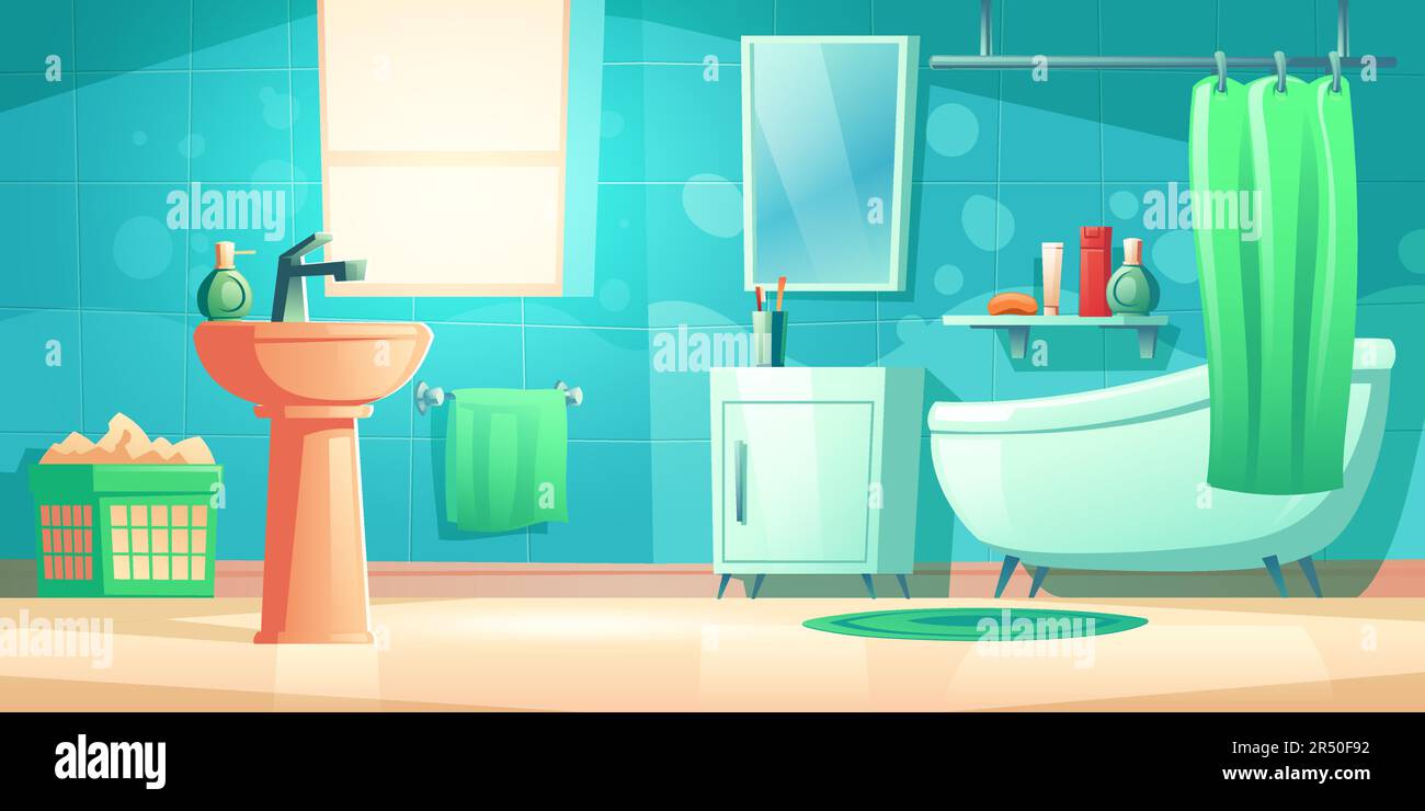 Salle de bains intérieure avec baignoire, rideau de douche, lavabo, miroir et fenêtre. Salle de bain à dessin animé vectoriel avec mur de carreaux, serviette, placard, savon et bouteilles de cosmétiques sur la tablette Illustration de Vecteur