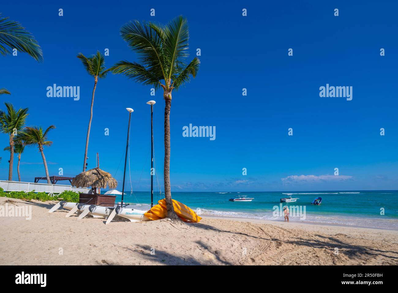 Vue sur les palmiers de Bavaro Beach, Punta Cana, République Dominicaine, Antilles, Caraïbes, Amérique centrale Banque D'Images