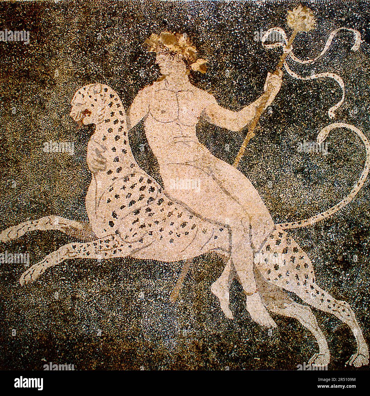 Dionysos sur une guépard, sol en mosaïque dans la 'Maison de Dionysos' à Pella, Grèce. Cailloux, terre cuite et plomb Banque D'Images