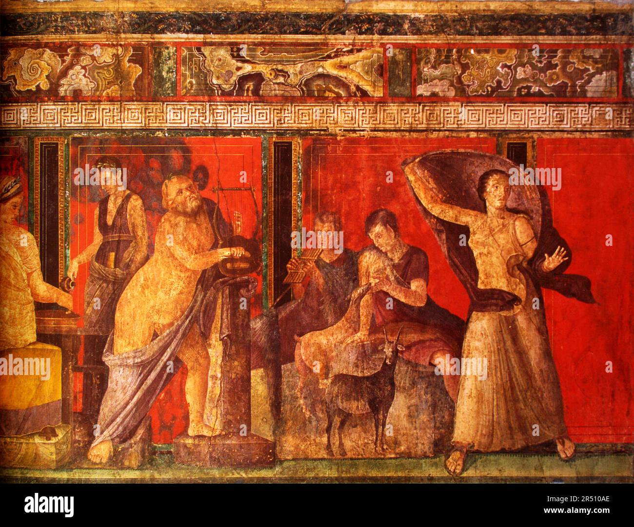 Silenus tenant une lyre; demi-dieu Pan et une nymphe assis sur un rocher, allaitant une chèvre; femme. Fresque du rituel mystère, Villa des Mystères, Banque D'Images