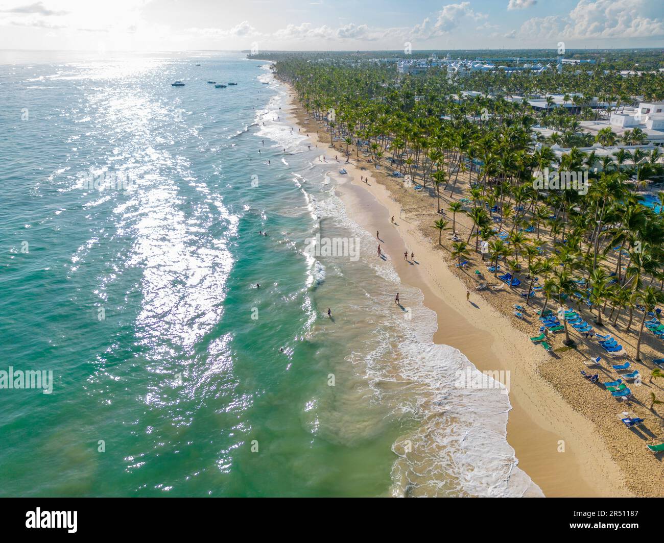 Vue aérienne de Bavaro Beach, Punta Cana, République dominicaine, Antilles, Caraïbes, Amérique centrale Banque D'Images
