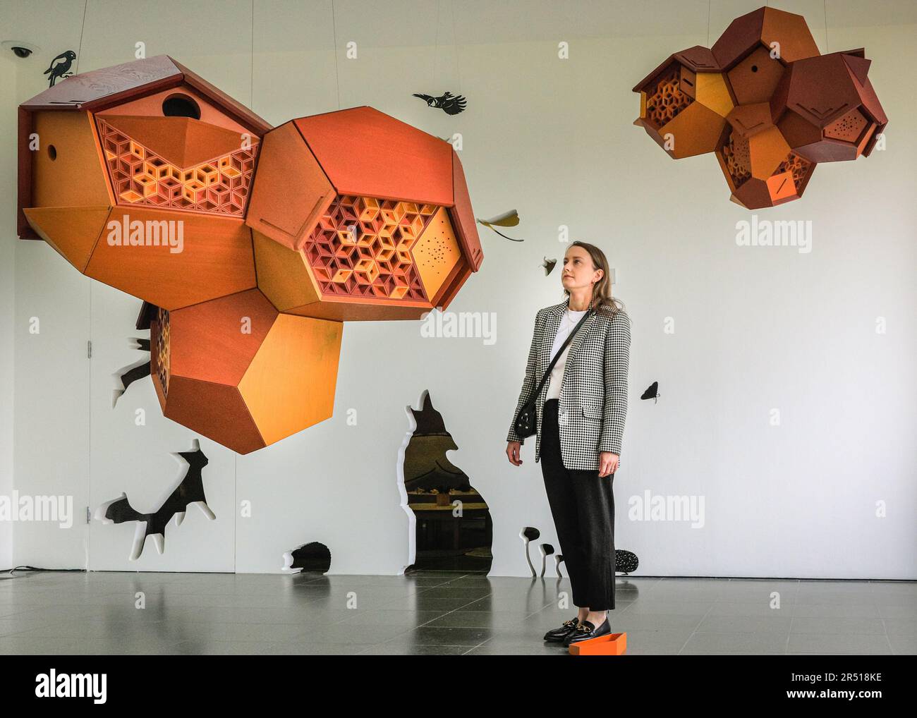 Londres, Royaume-Uni. 31st mai 2023. Le personnel de la galerie avec des éléments intérieurs des installations, où les animaux sont encouragés à se déplacer, sauvages ou domestiques. Une nouvelle sculpture à grande échelle et d'autres œuvres dans la galerie par Tomás Saraceno, créé comme un habitat pour la faune de Hyde Park, est dévoilé par l'artiste. La nouvelle exposition de Tomás Saraceno à Serpentine South invite également la biodiversité du parc et la visite des animaux dans la galerie pour la première fois, y compris les chiens avec leurs propriétaires, et d'autres animaux sauvages. Crédit : Imagetraceur/EMPICS/Alamy Live News Banque D'Images