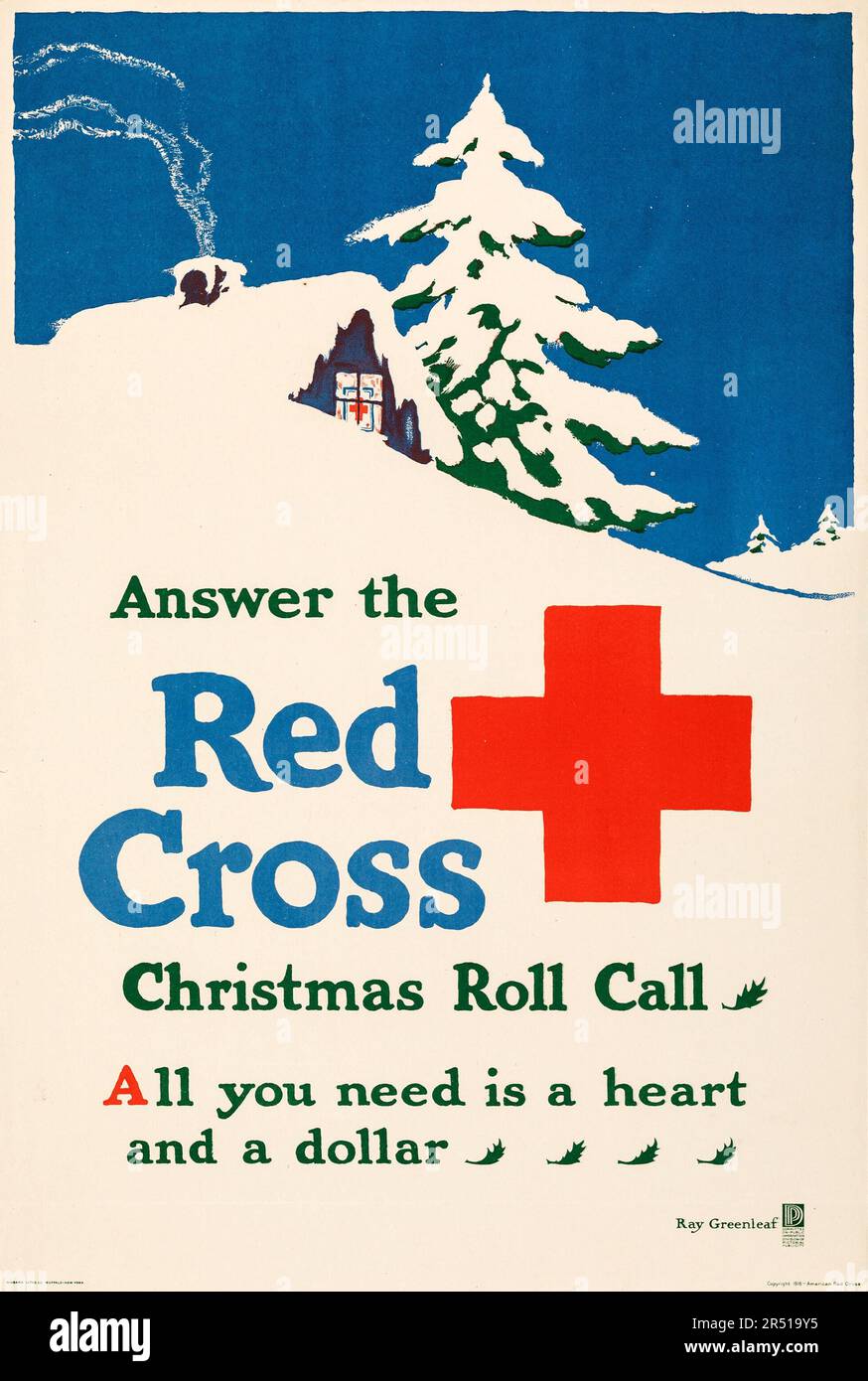 Propagande américaine de la première Guerre mondiale (Croix-Rouge nationale américaine, 1918). Affiche publicitaire « Christmas Roll Call », Ray Greenleaf Artwork Banque D'Images