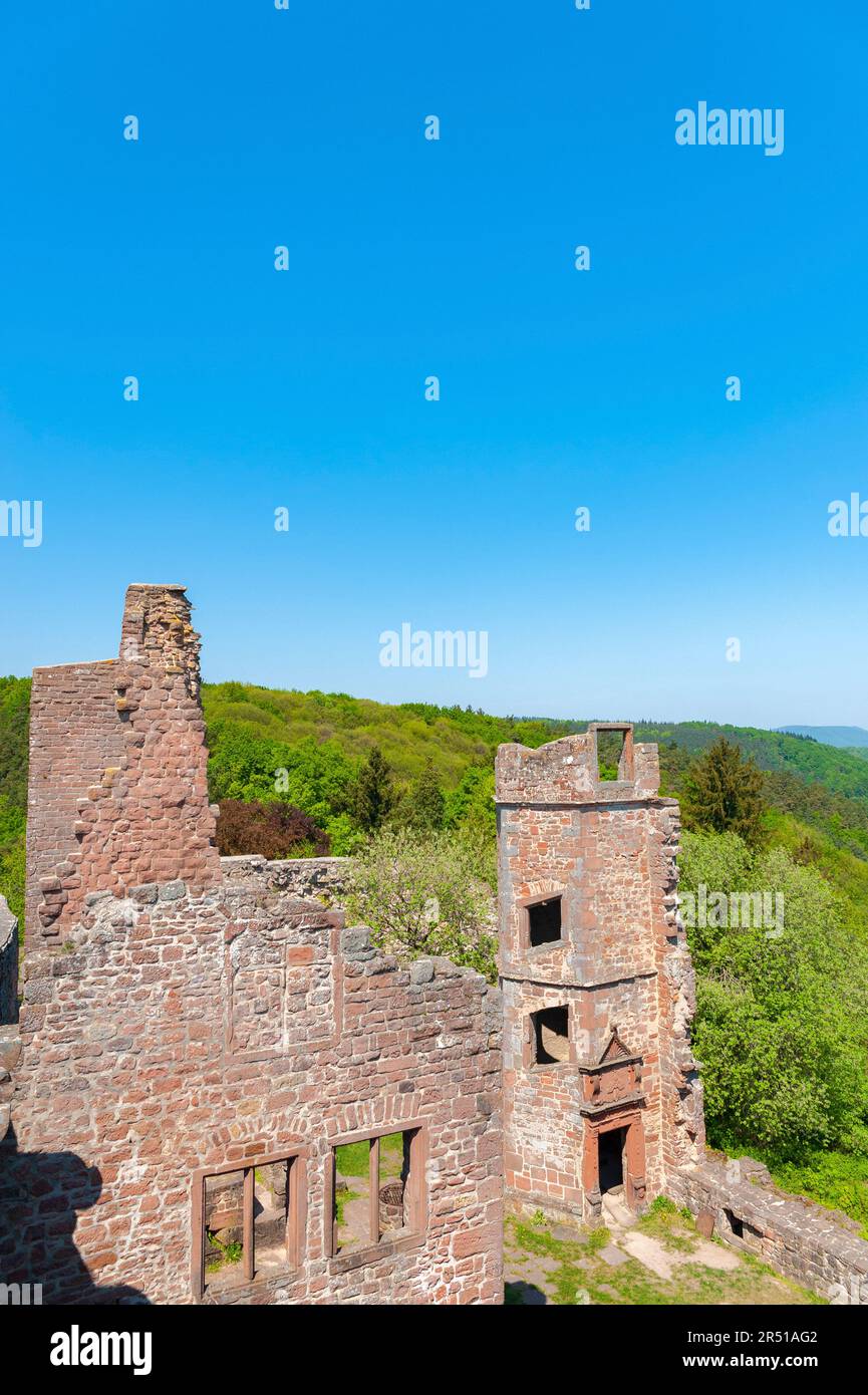 Les ruines de Madenburg avec le paysage de la forêt du Palatinat, Eschbach, Palatinat, Rhénanie-Palatinat, Allemagne, Europe Banque D'Images