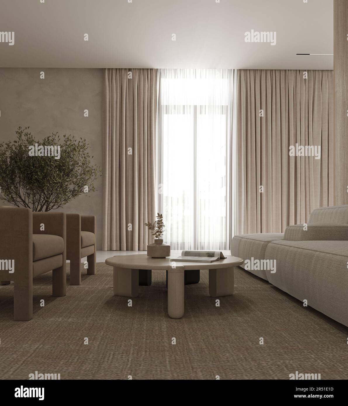 Salon intérieur beige minimaliste avec mobilier, plantes vertes et fauteuil. Plafond avec éclairage moderne et chaleureux. 3d rendu. Haute qualité 3D Banque D'Images