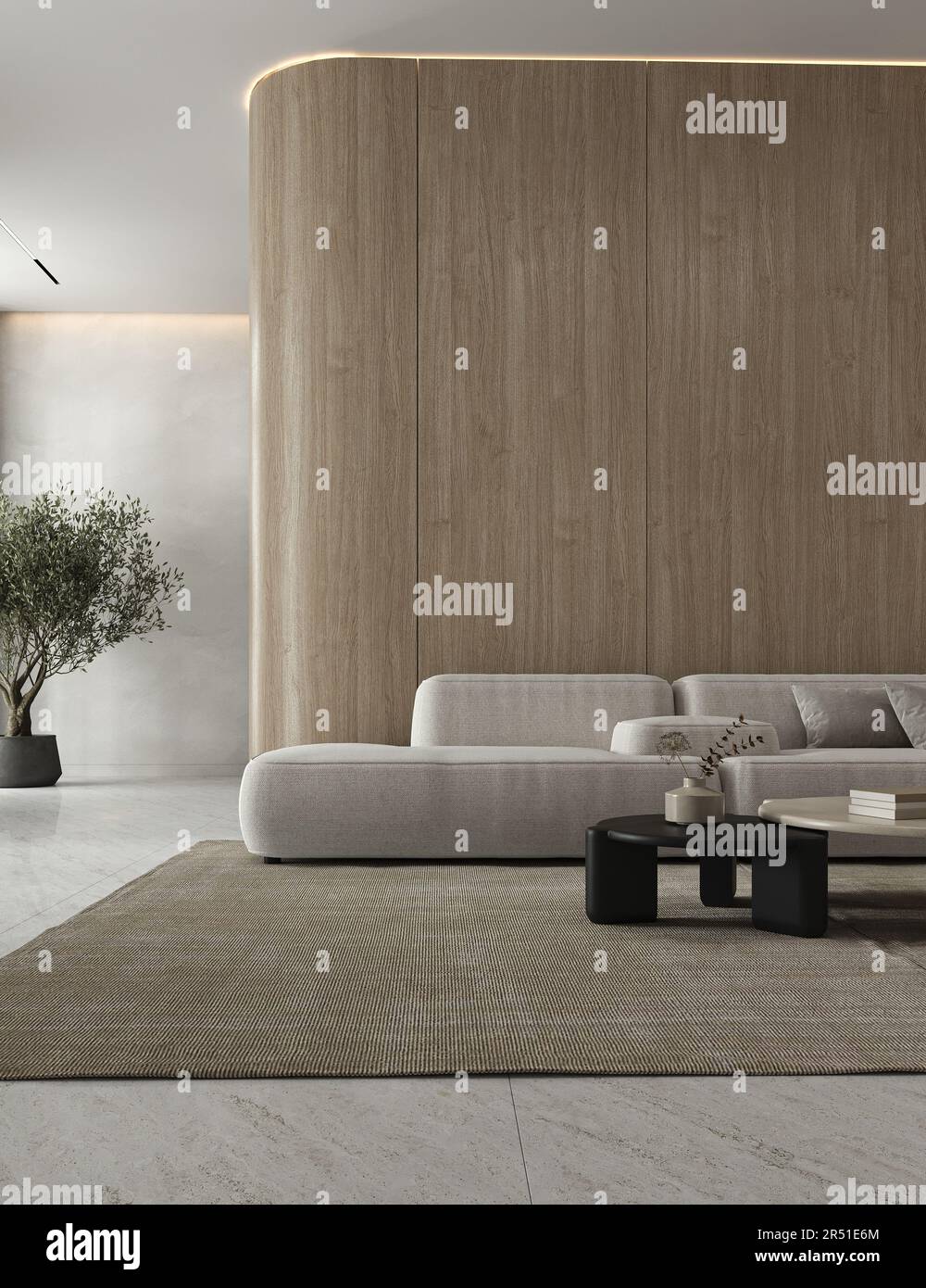 Décoration intérieure classique beige blanc minimaliste, mobilier, sol en marbre. Plafond avec éclairage moderne et chaleureux. Maquette d'un mur vide. 3d Banque D'Images