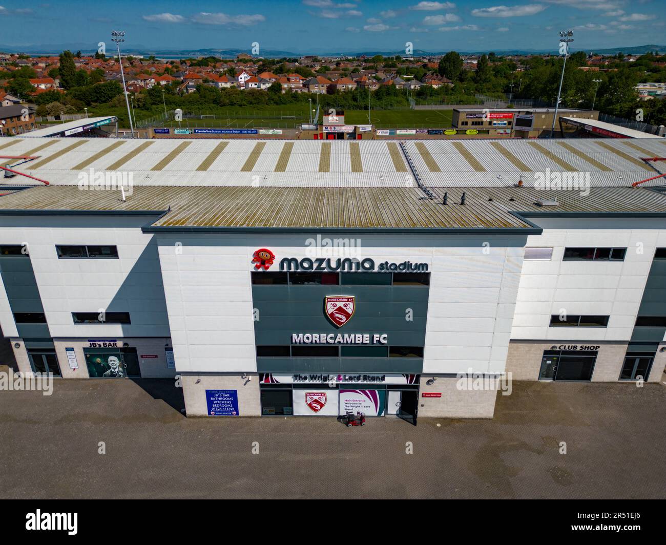 Le stade Mazuma hors saison le club de football de Morecambe par Drone 2023 mise à jour Banque D'Images