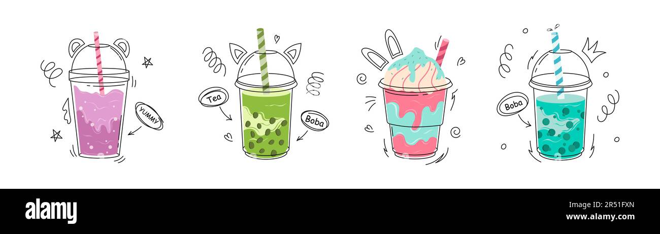 Collection de tasses à thé à motif bulles, thé au lait nacré. Illustration de Vecteur