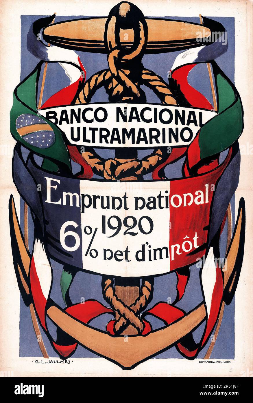 6th prêt national (Banco Nacionale Ultramarino, 1920). Affiche de prêt français - Gustave Louis Jaulmes l'œuvre d'art est un point d'ancrage et le drapeau français Banque D'Images