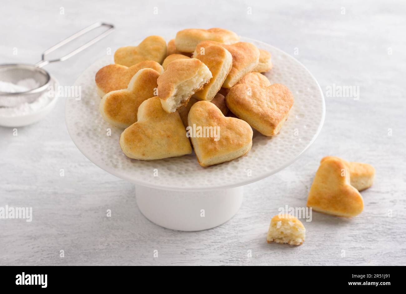 Biscuits au lait caillé doux sur une assiette blanche avec une passoire de sucre en poudre sur fond gris clair. Délicieux petits gâteaux faits maison. Banque D'Images