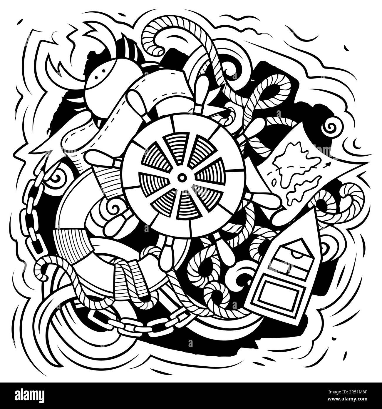Illustration de vecteur de dessin animé nautique. Composition détaillée avec beaucoup d'objets et de symboles marins. Tous les éléments sont séparés Illustration de Vecteur