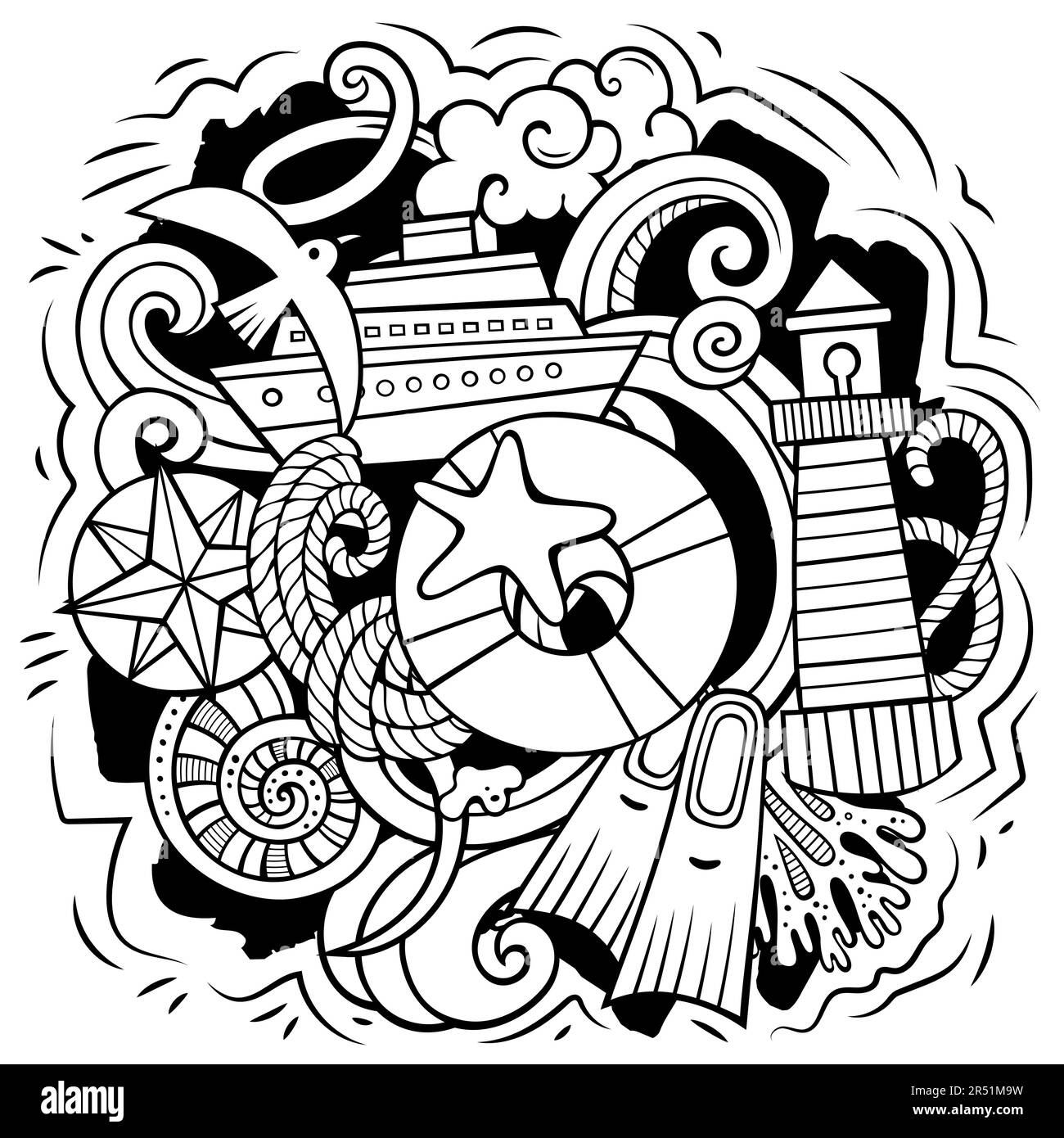 Illustration de vecteur de dessin animé nautique. Composition détaillée avec beaucoup d'objets et de symboles marins. Tous les éléments sont séparés Illustration de Vecteur