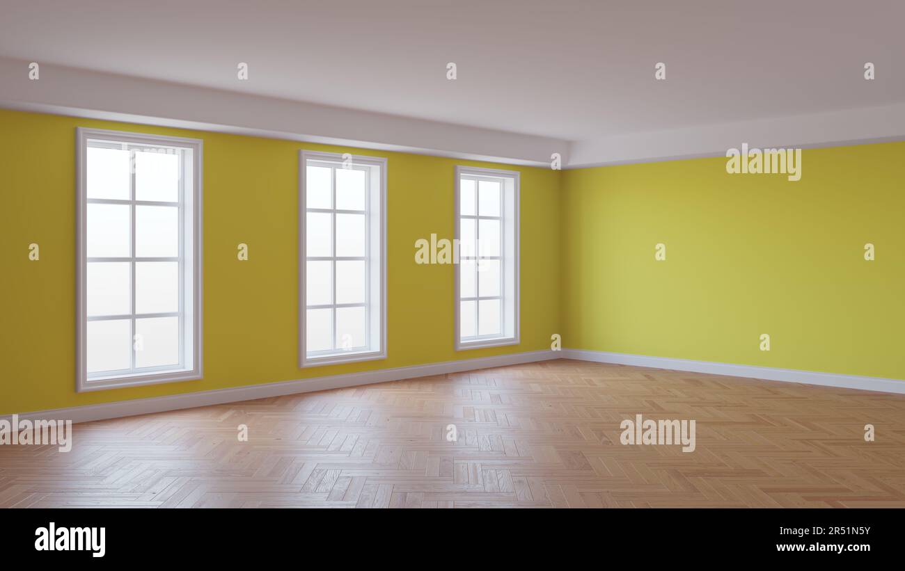 Intérieur vide de la chambre avec murs en stuc jaune, trois grandes fenêtres, parquet brillant à chevrons et un pied blanc. Concept de Unfurnis Banque D'Images