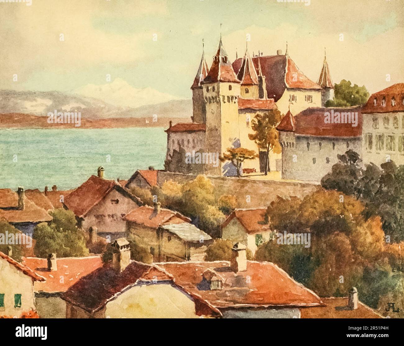 Château de Nyon, vue sur le lac au Mont blanc aquarelle peinture par J. Hardwicke Lewis et May Hardwicke Lewis du livre ' Genève ' par Francis Henry Gribble Date de publication 1908 à Londres : par Adam et Charles Black Banque D'Images Château de Nyon, vue sur le lac au Mont blanc aquarelle peinture par J. Hardwicke Lewis et May Hardwicke Lewis du livre ' Genève ' par Francis Henry Gribble Date de publication 1908 à Londres : par Adam et Charles Black Banque D'Images