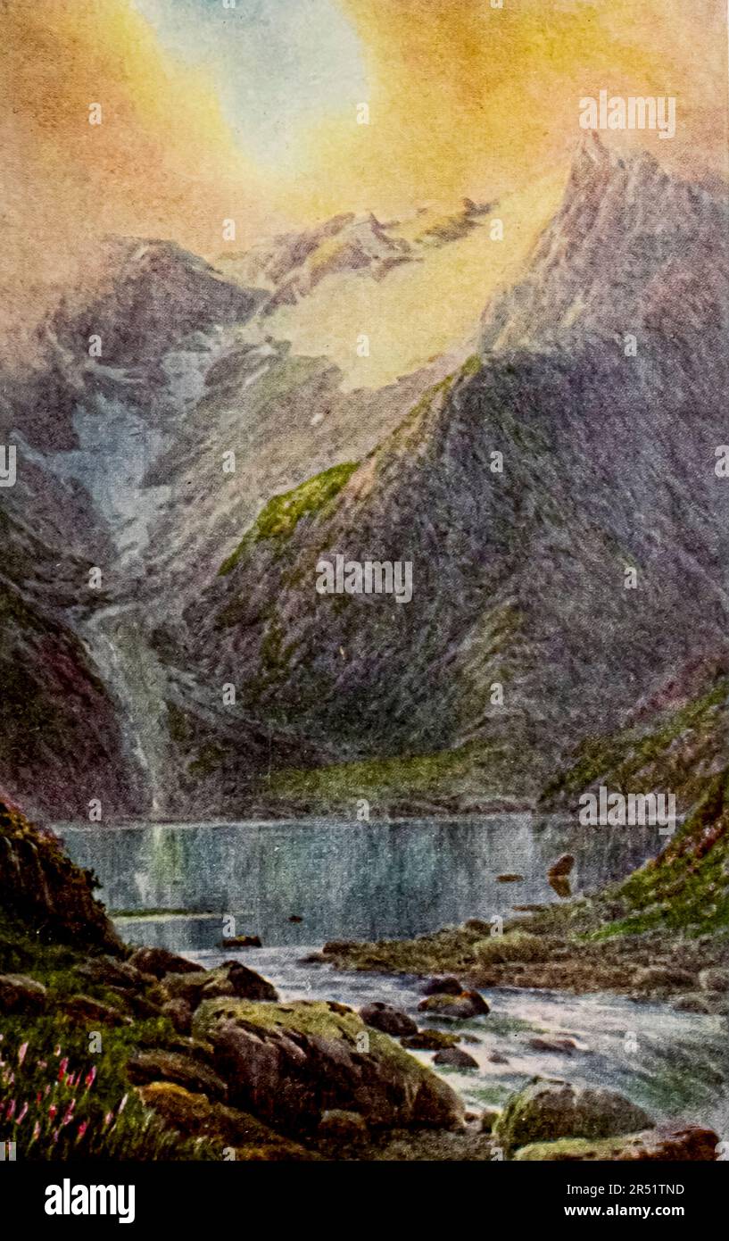 Lac Shisha Nag at Sunset peint par le major Edward Molyneux dans le livre « Cachemire » de Sir Francis Edward Younghusband, publié à Londres par Adam & Charles Black en 1911 Banque D'Images