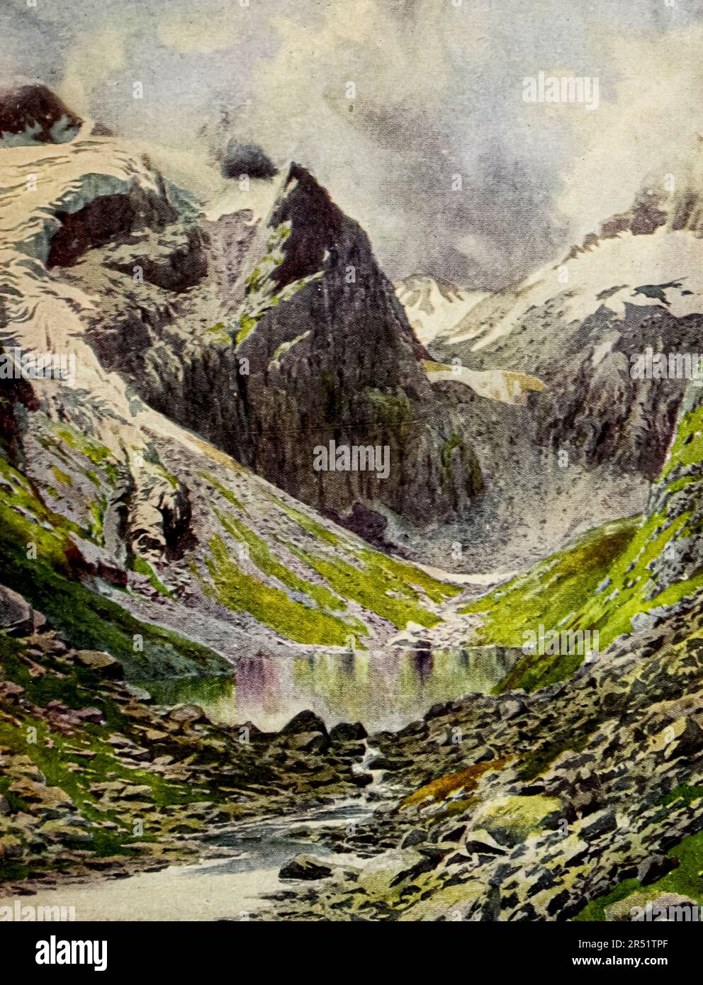 Lac Sinsa Nag, Vallée de Lidar peint par le major Edward Molyneux dans le livre « Cachemire » de Sir Francis Edward Younghusband, publié à Londres par Adam & Charles Black en 1911 Banque D'Images