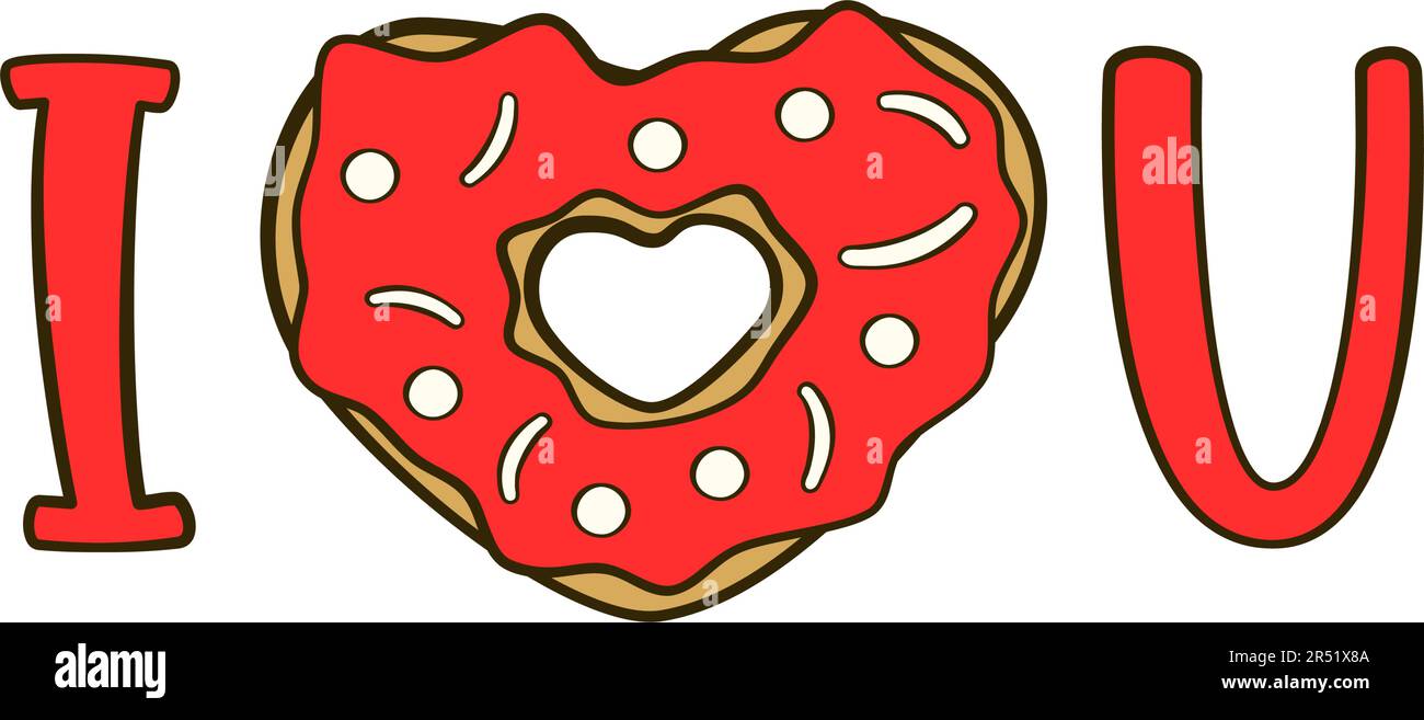 Je vous aime lettering avec le donut en forme de coeur au lieu du mot Amour. Dessin animé. Illustration vectorielle Illustration de Vecteur