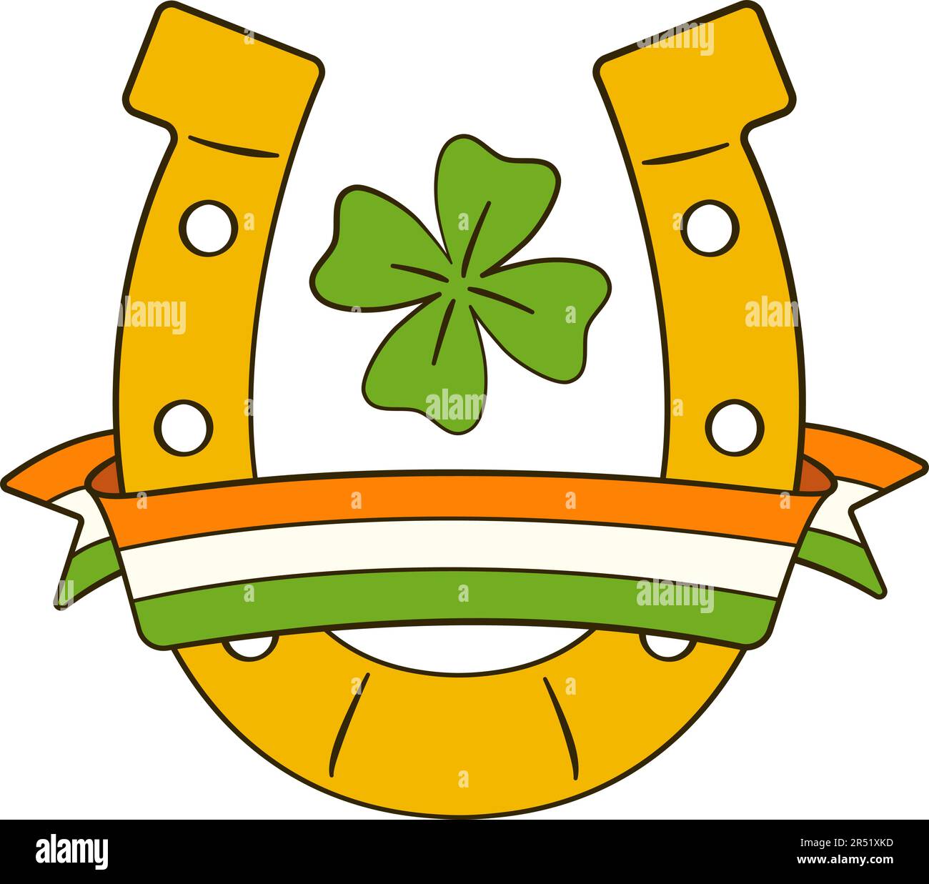 Fer à cheval avec trèfle et ruban aux couleurs du drapeau irlandais. St. Patrick. Dessin animé. Illustration vectorielle Illustration de Vecteur