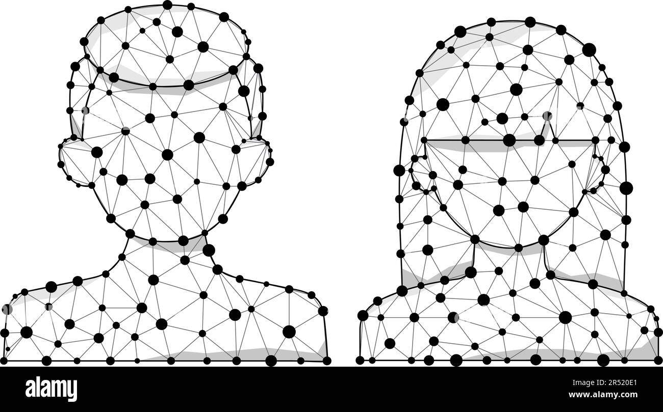 Faces humaines polygonales filaires - tête d'homme et de femme numérique avec icône vectorielle de ligne et de points. Illustration de Vecteur