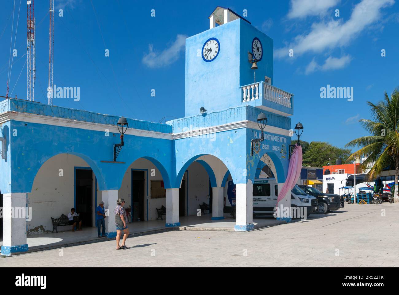 Ayuntamiento mairie bâtiment du gouvernement local, petite colonie côtière du golfe du Mexique, Celestun, Yucatan, Mexique Banque D'Images