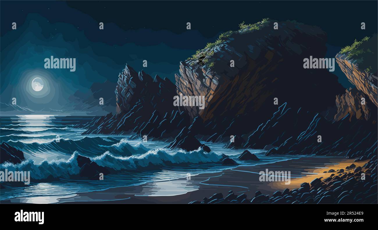 image de style peinture à l'huile d'une falaise de plage sauvage la nuit, avec le clair de lune chatoyant jetant des ombres spectaculaires et mettant en évidence les textures du Illustration de Vecteur