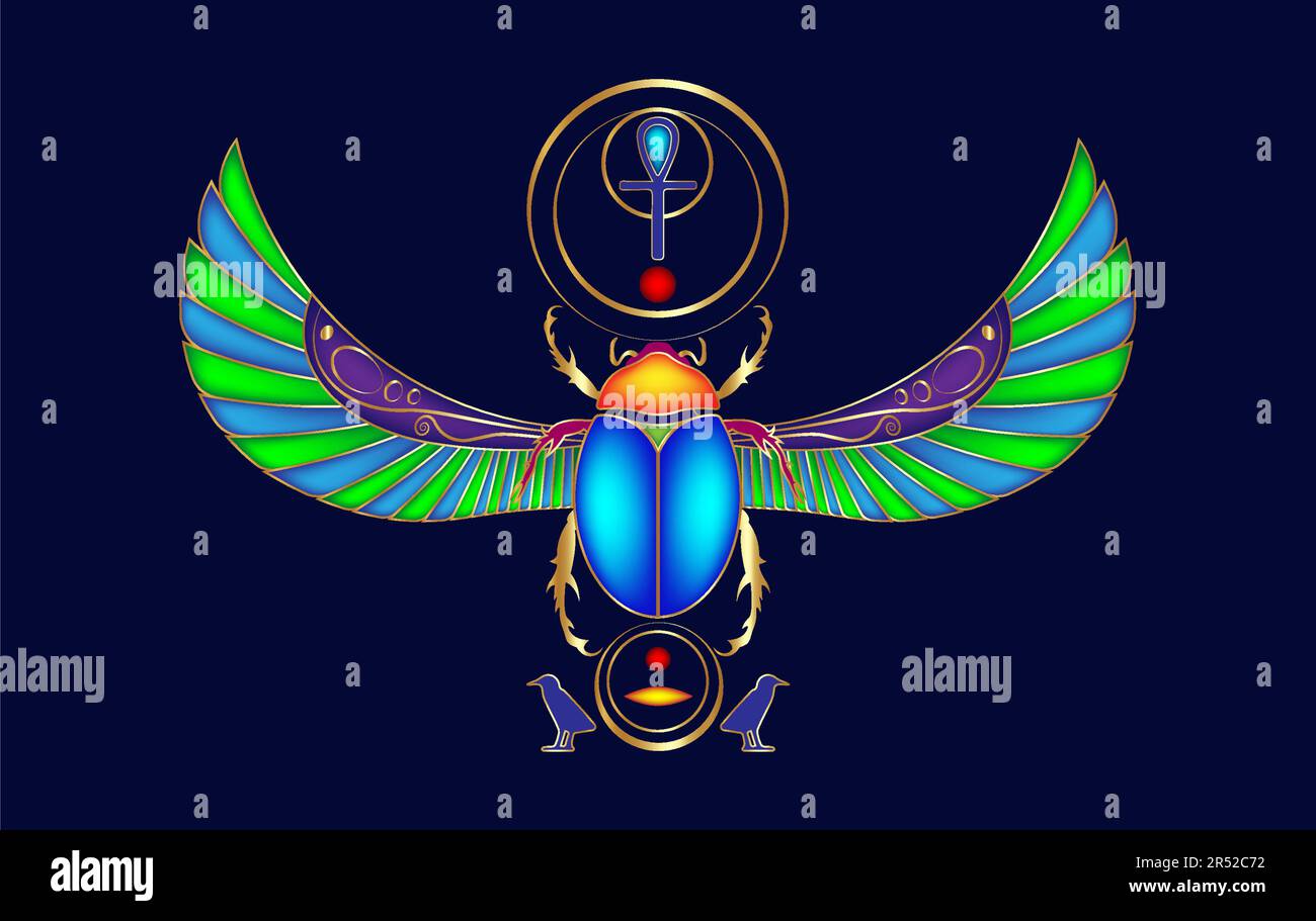 scarab sacré égyptien conception colorée sur pierres précieuses, logo scarabée avec ailes. Illustration vectorielle, personnifiant le dieu Khepri. Symbole Illustration de Vecteur