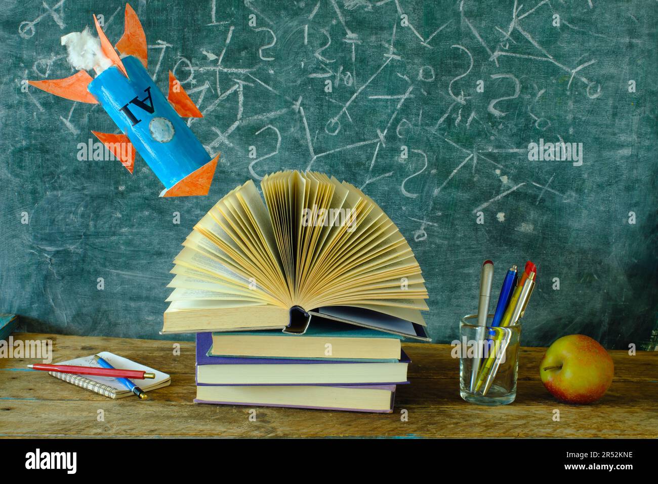 danger de l'intelligence artificielle pour l'éducation, la connaissance et le concept d'apprentissage avec les livres et le tableau noir de l'école Banque D'Images
