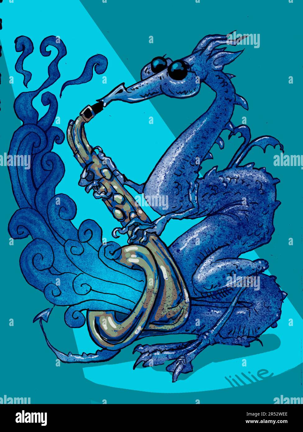 Art, illustration, dragon cool jouant un saxophone et portant des nuances, blues dragon, jazz dragon, Banque D'Images
