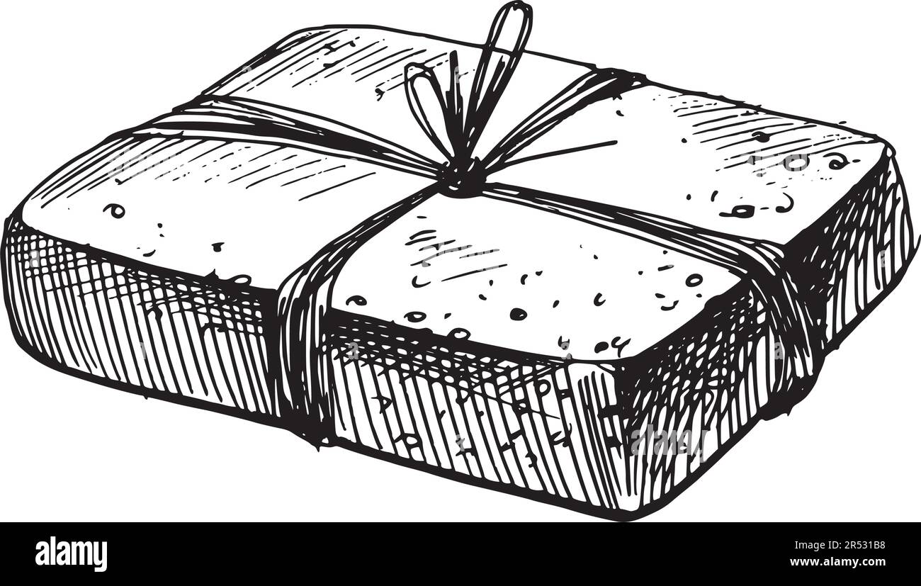 Une barre de corde de jute enveloppée de savon fait à la main. L'illustration est dessinée à la main à l'encre noire, graphique. Vecteur EPS. Objet isolé sur fond blanc Illustration de Vecteur
