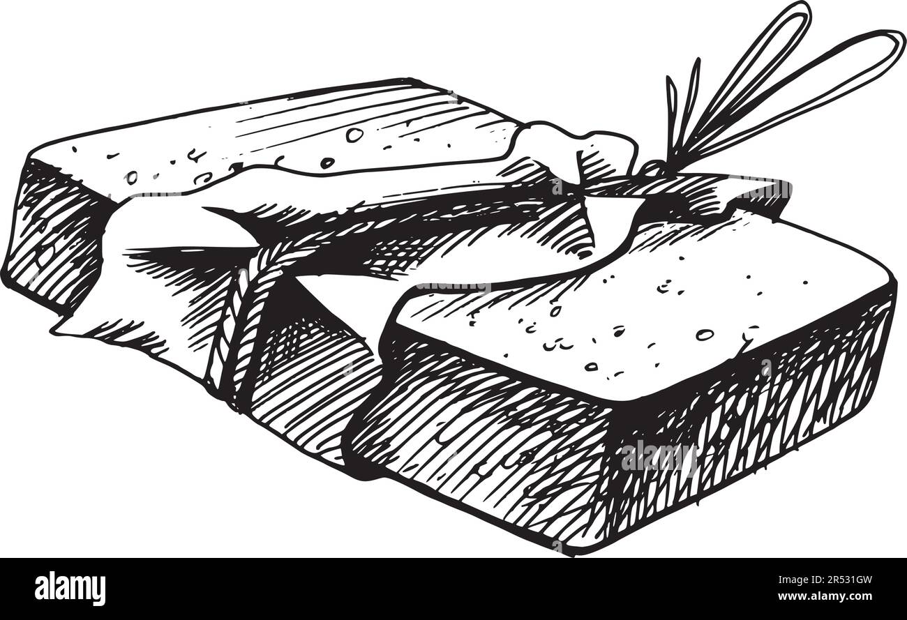 Une barre de savon fait à la main enveloppée de papier artisanal et de corde de jute. L'illustration est dessinée à la main à l'encre noire, graphique. Vecteur EPS. Objet isolé sur un Illustration de Vecteur