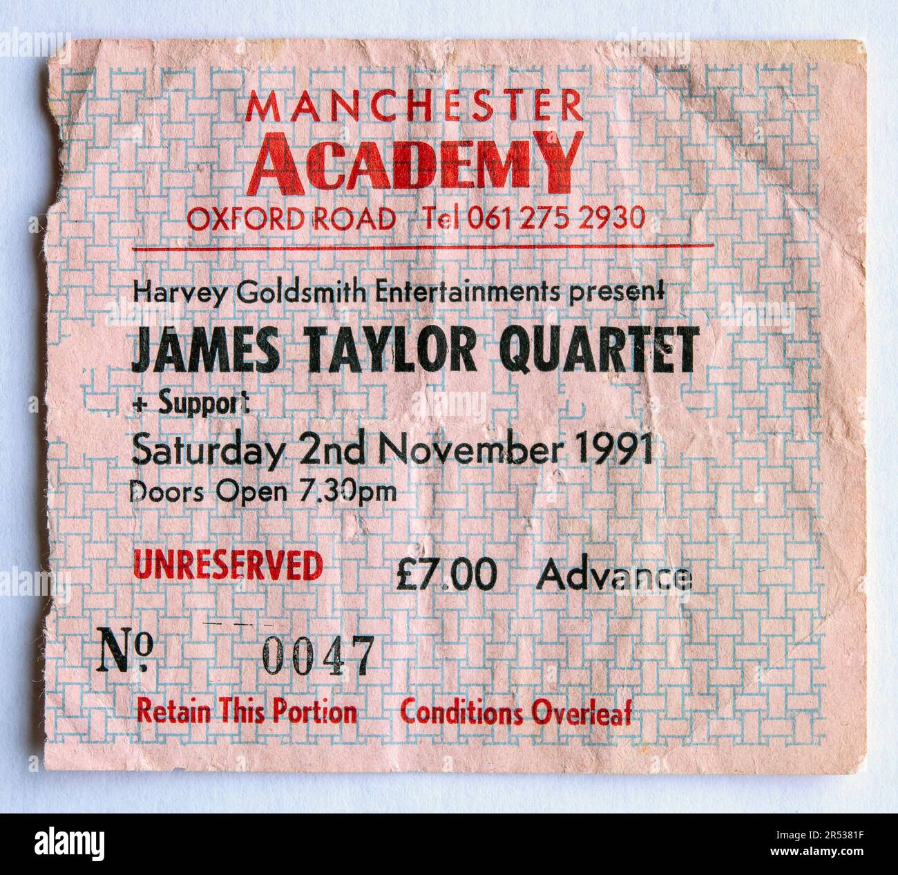 Billet de concert pour le concert du James Taylor Quartet à la Manchester Academy en Angleterre, au Royaume-Uni, en novembre 1991 Banque D'Images