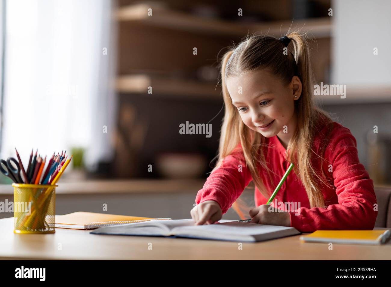 Concept d'éducation. Mignon Preteen écolière faire le travail à domicile, écrire dans le classeur Banque D'Images