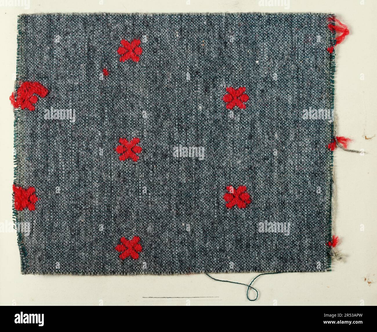 Motifs textiles originaux de l'époque victorienne pour la robe, branche brodée grise et rouge maufacée par Henry et fils pour Bradbury, Greatorex et Beall, 1840s Banque D'Images