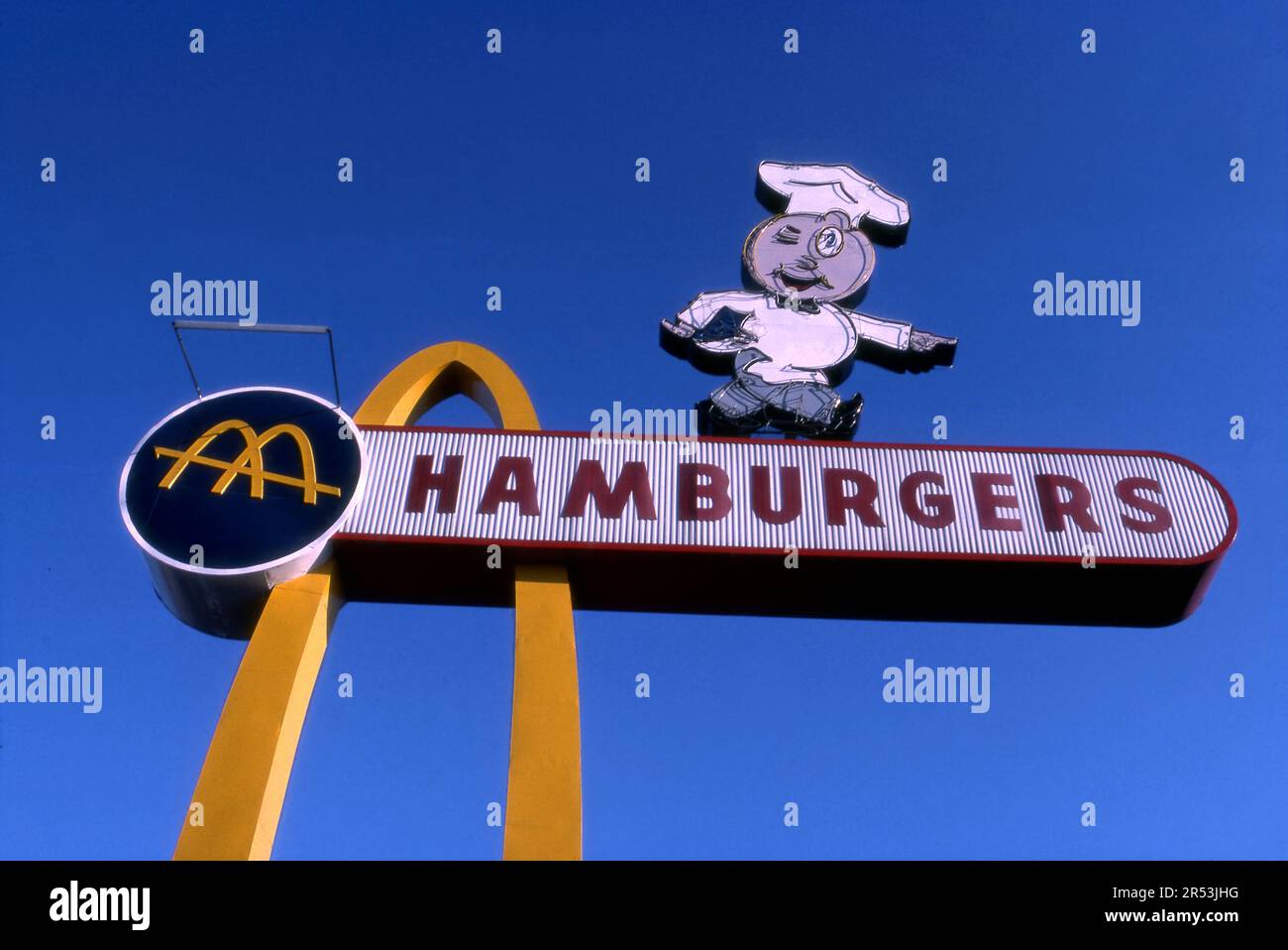 Panneau pour le McDonalds original présente la mascotte caractère SpeeDee à Downey, en Californie. Banque D'Images