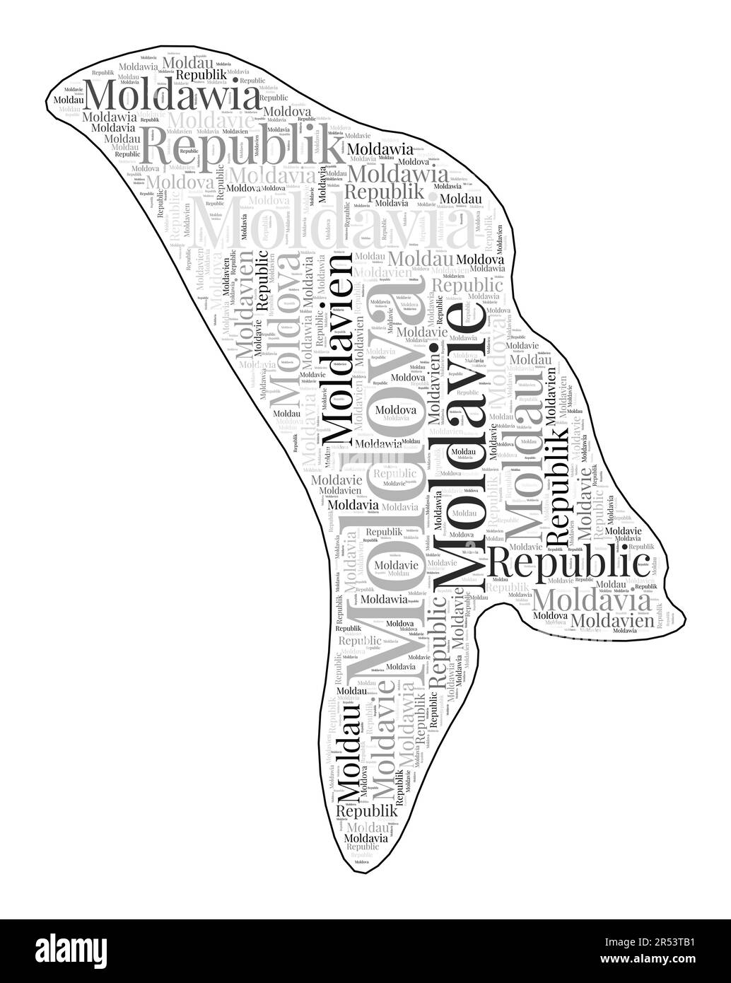 Forme Moldavie remplie de nom de pays dans de nombreuses langues. Carte Moldavie dans le style nuage de mots. Illustration vectorielle élégante. Illustration de Vecteur