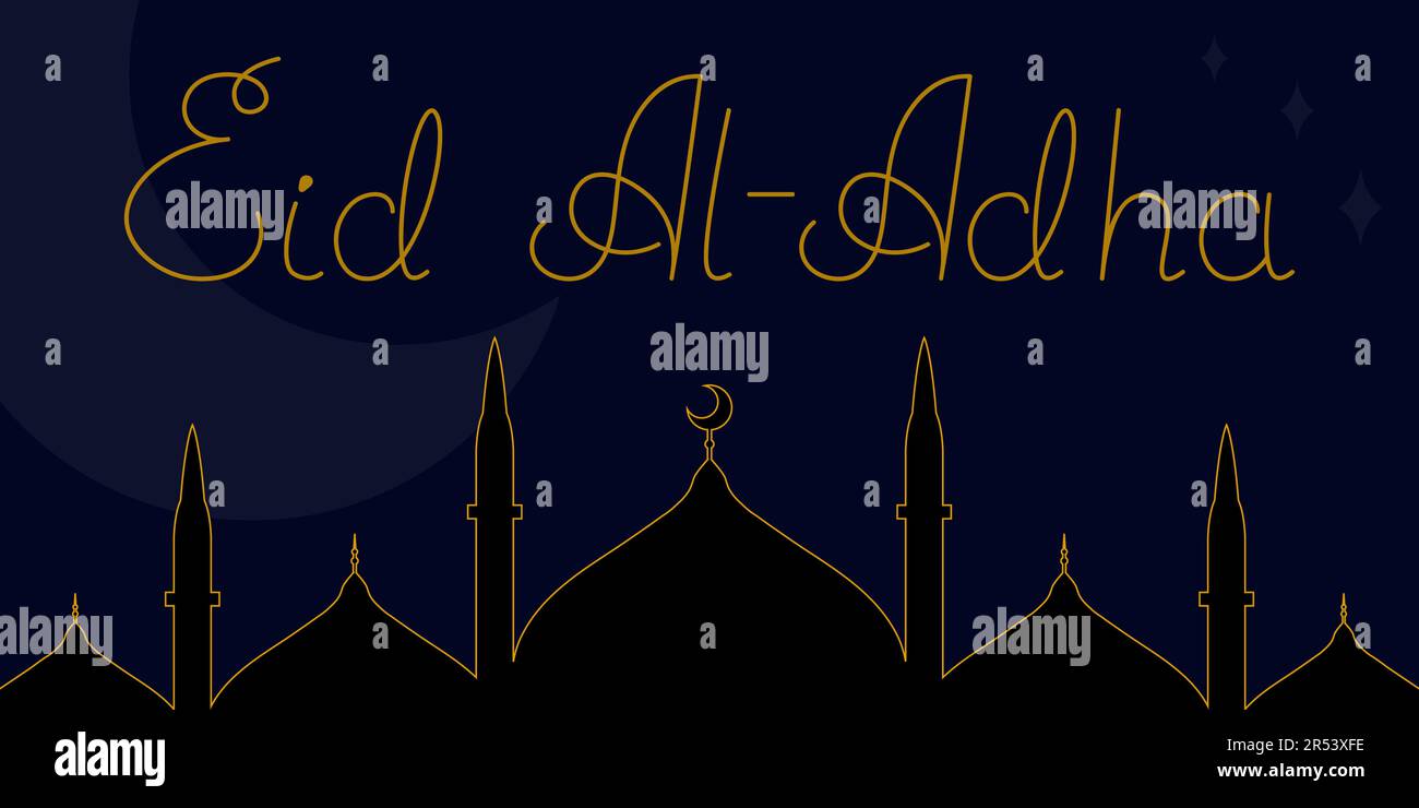 EID Al Adha lettrage sur carte postale horizontale avec silhouette de mosquée. Illustration vectorielle Illustration de Vecteur