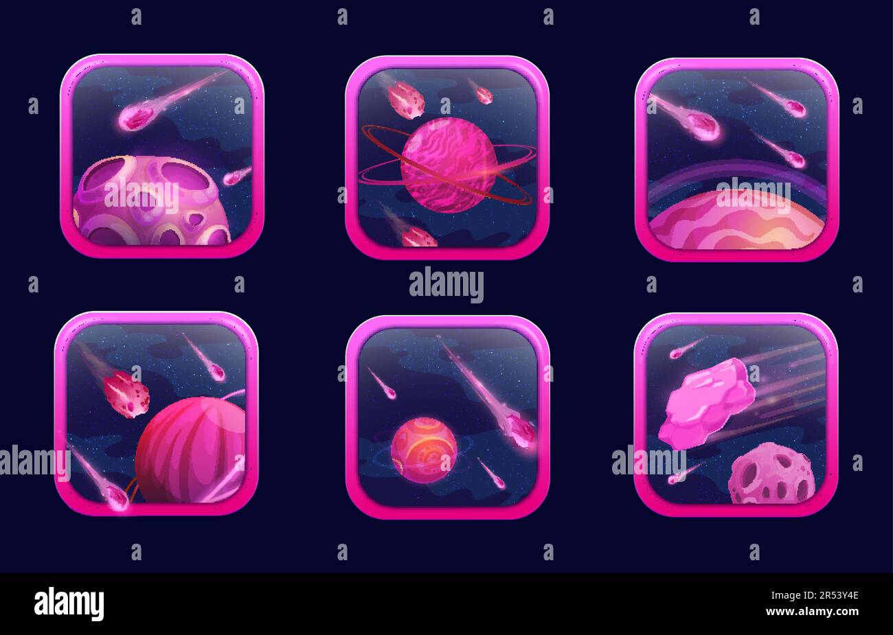 Icônes de l'application de jeu d'espace de dessin animé. Les planètes et astéroïdes violets ou roses. Application informatique, éléments vectoriels d'interface utilisateur de jeu mobile avec de fantastiques planètes de galaxie extraterrestre. Illustration de Vecteur