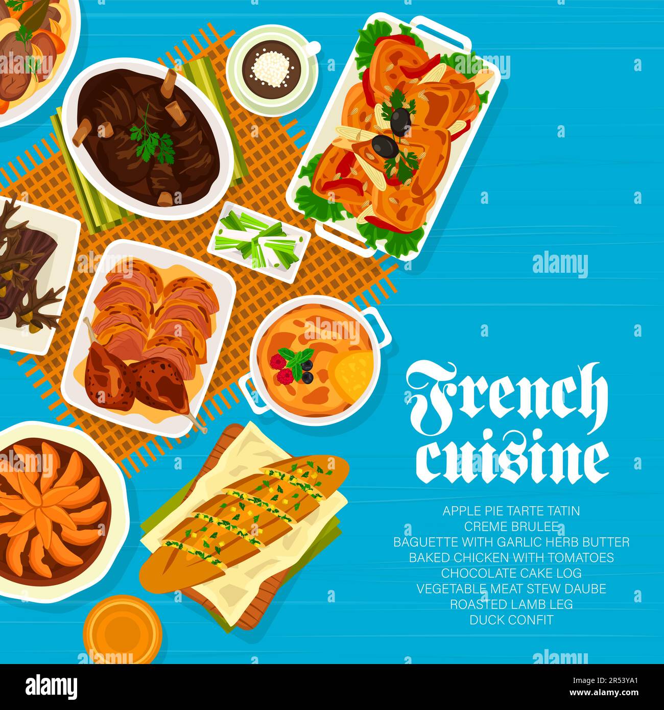 Design de couverture du menu de cuisine française. Poulet cuit avec tomates, galette au chocolat et confit de canard, tarte aux pommes Tatin, ragoût de viande végétale Daube an Illustration de Vecteur