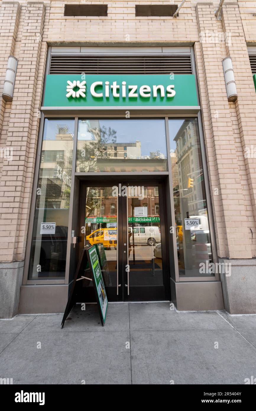 boutique d'une succursale de Citizens Bank dans le quartier de Chelsea à Manhattan, New York, une grande banque régionale cotée en bourse aux États-Unis Banque D'Images