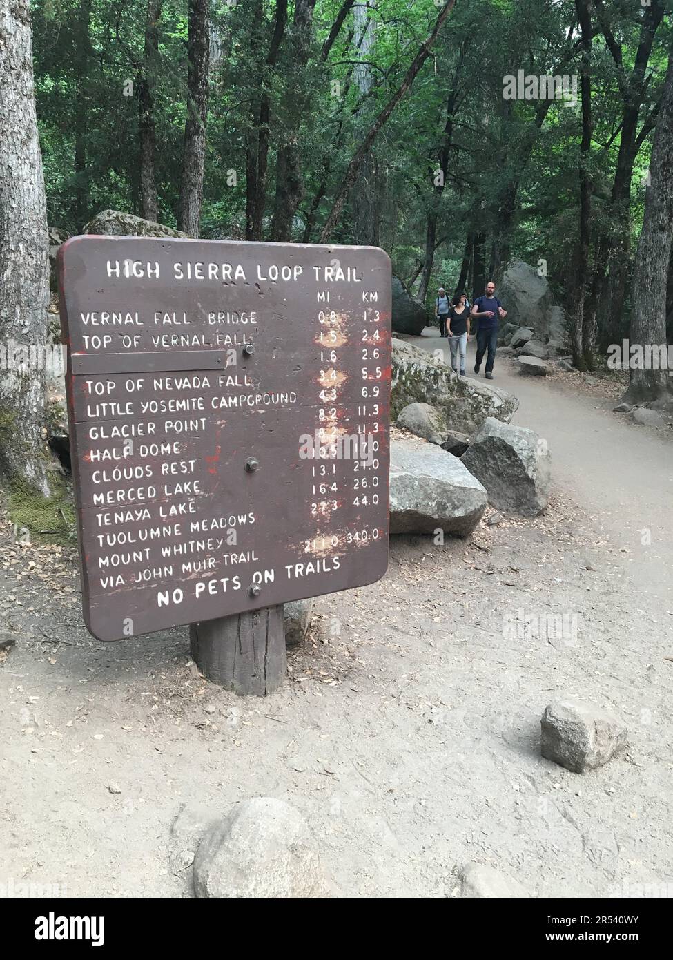 Un couple de jeunes adultes approche un panneau dans le parc national de Yosemite, indiquant la distance, en miles et en kilomètres, de leur voyage et de leur destination Banque D'Images