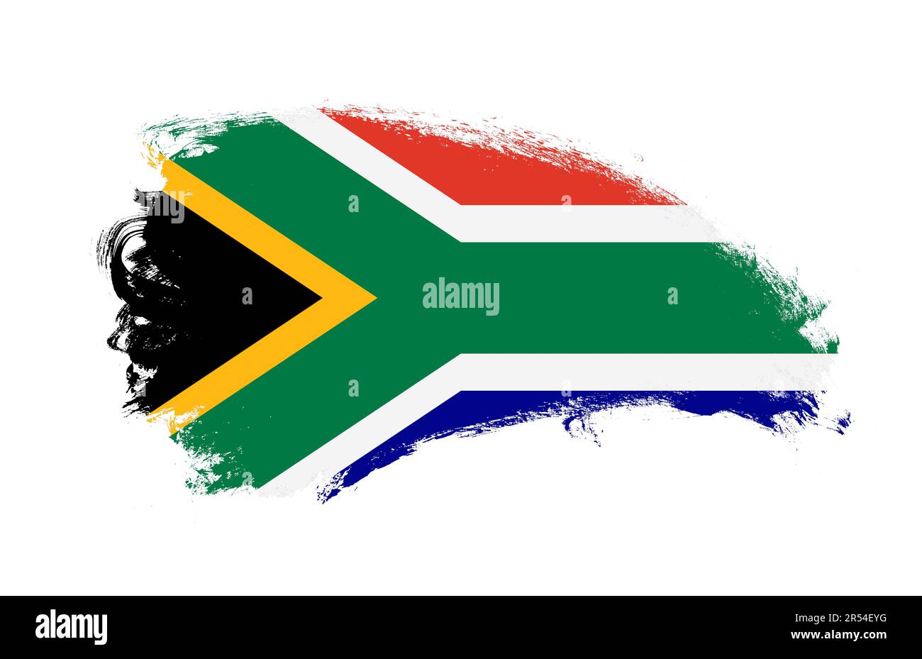 Drapeau national de l'Afrique du Sud peint avec un pinceau sur blanc isolé Banque D'Images