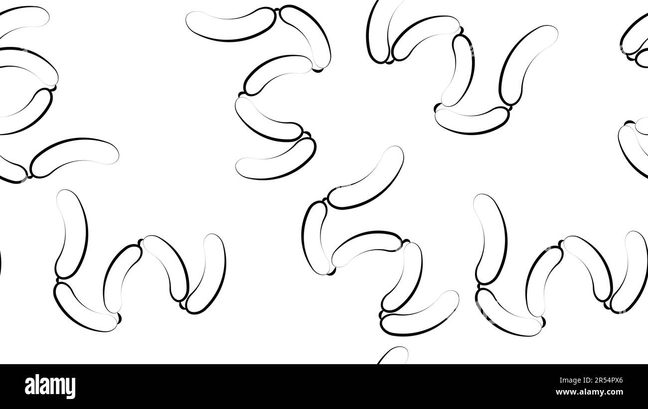 Motif sans couture avec saucisse. Nourriture. Produits de viande dessinés à la main sur fond de vagues : saucisses fumées, pain de viande cuit, frankfurter. Illustration de Vecteur