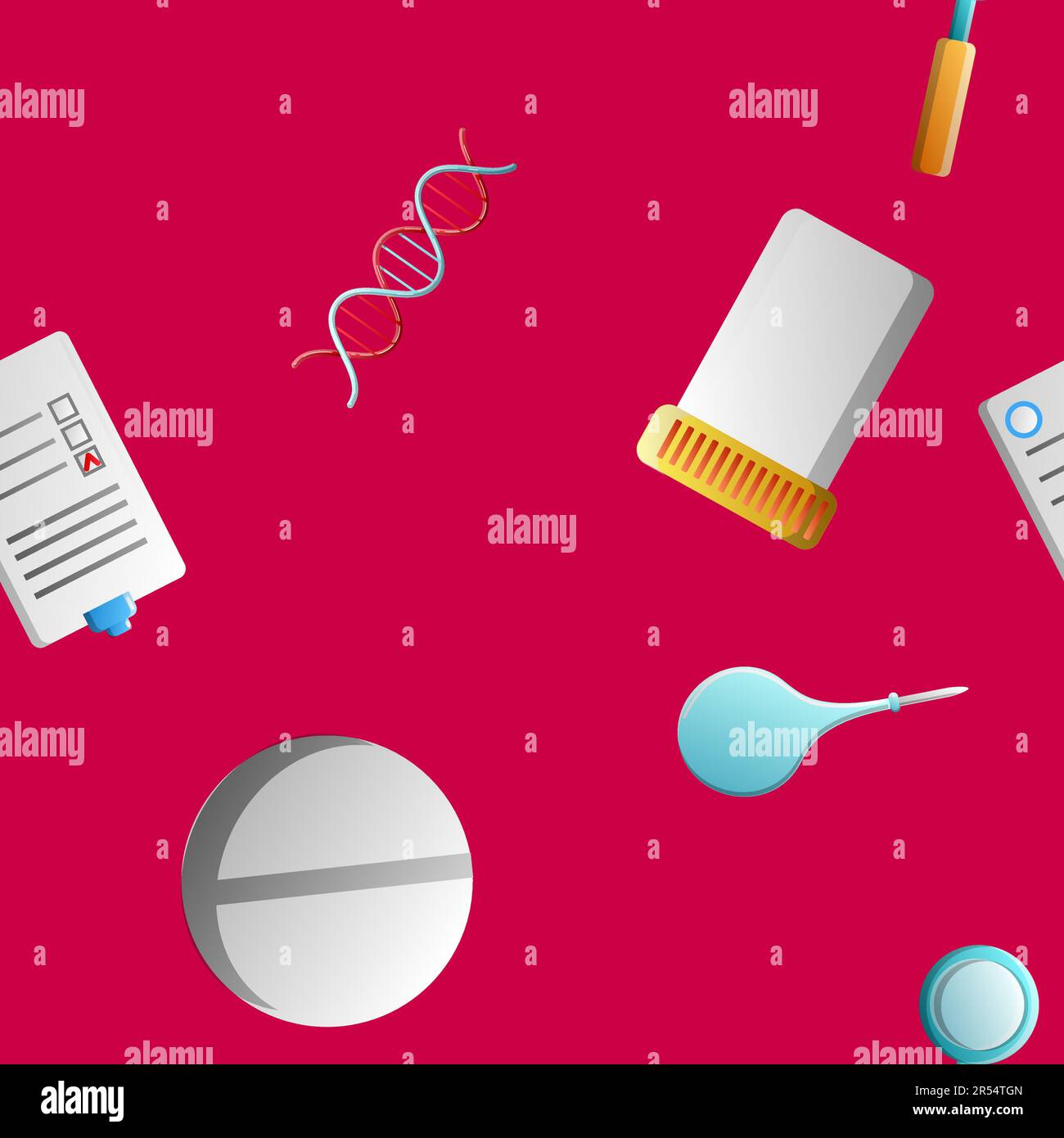 Sans fin modèle sans couture des articles médicaux scientifiques médicaux icônes bocaux avec pilules thermomètres enemas documents sur un fond rouge. Vecteur illustrat Illustration de Vecteur